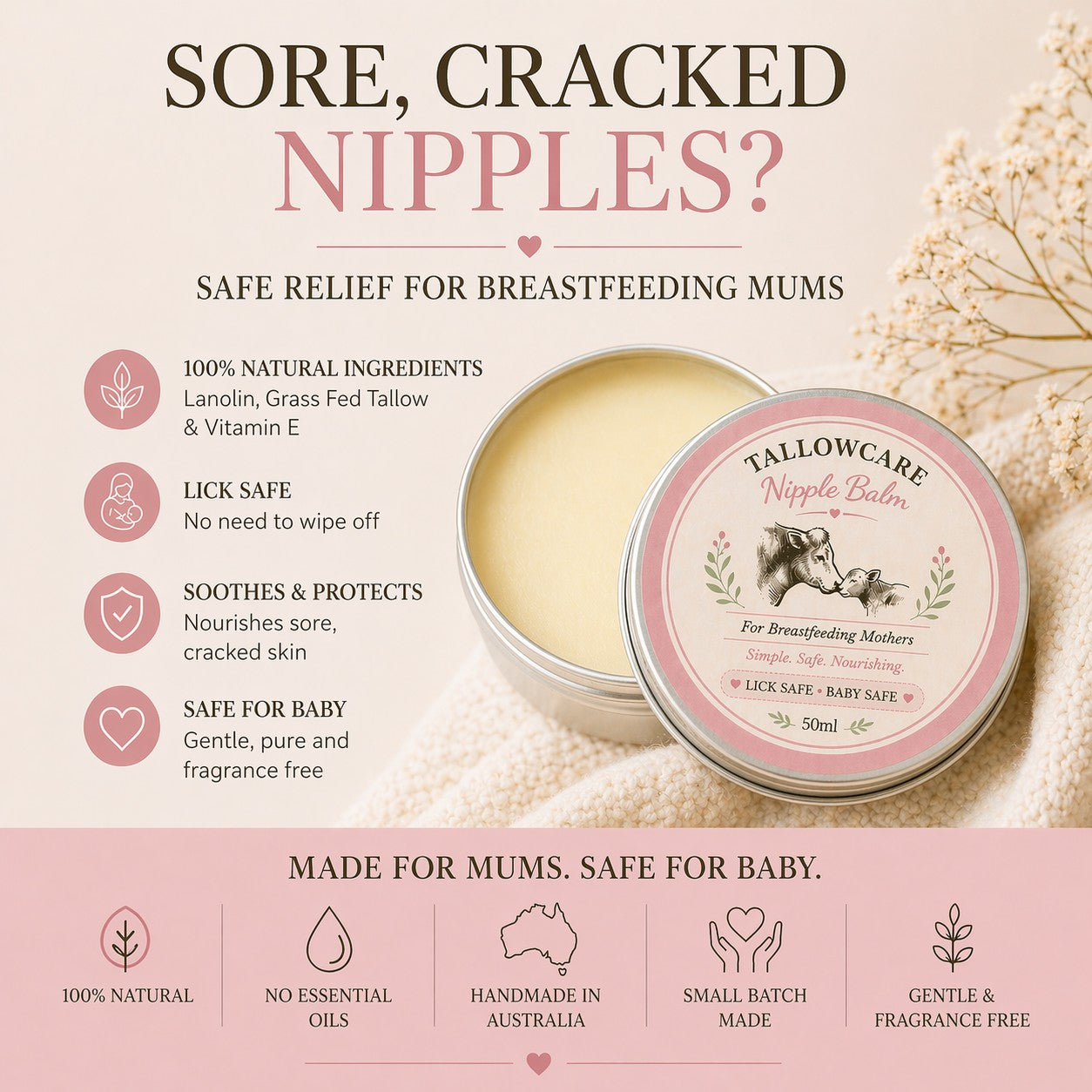 Tallow Nipple Balm — Lick Safe Relief for Breastfeeding Mums