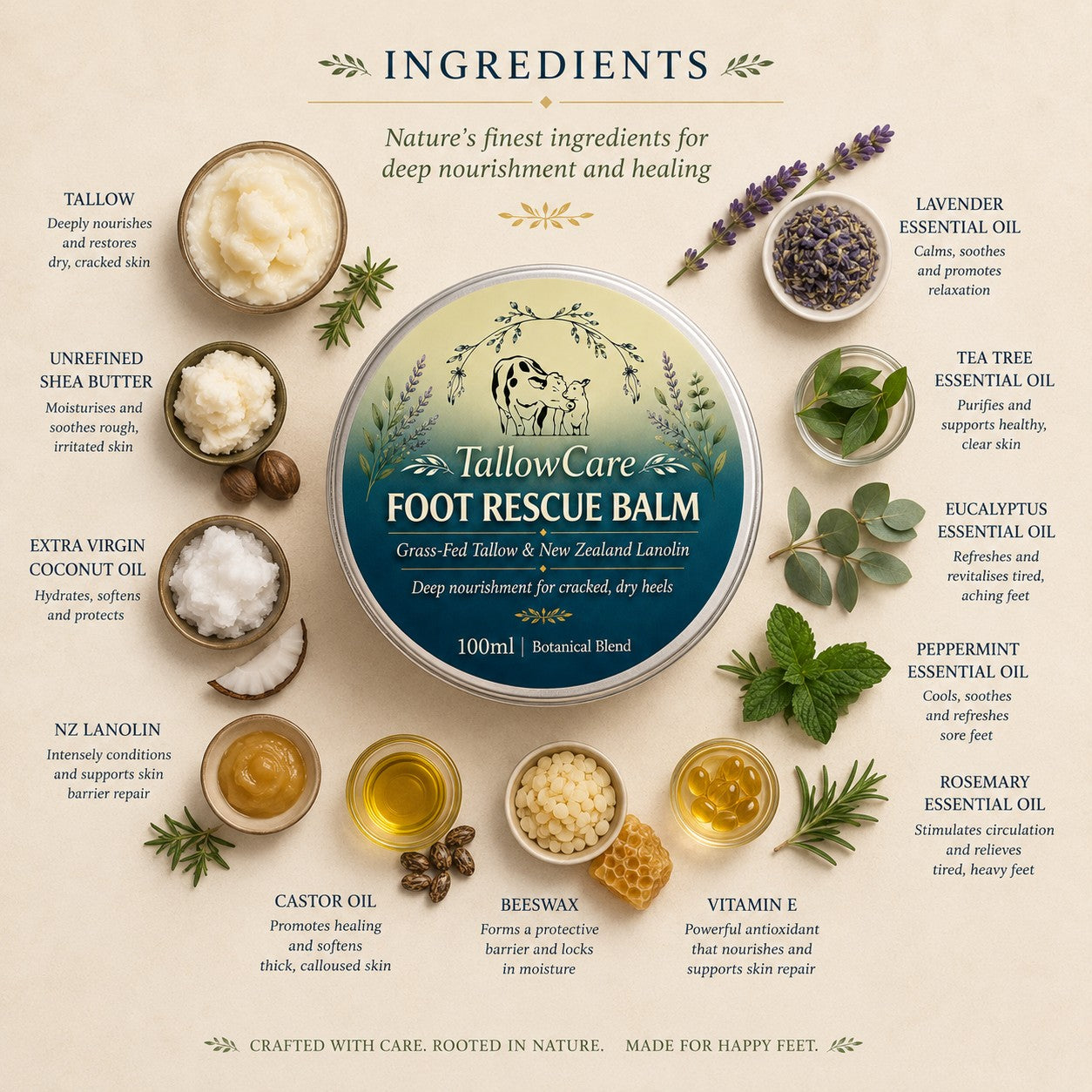 Botanical Blend Foot Rescue Balm | Natural Tallow Foot Balm for Dry, Cracked Heels